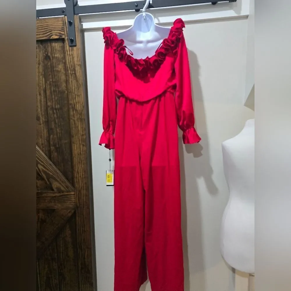 Adrianna Papell Off The Shoulder Ruffle Satin Jumpsuit NWT Size 4 Red